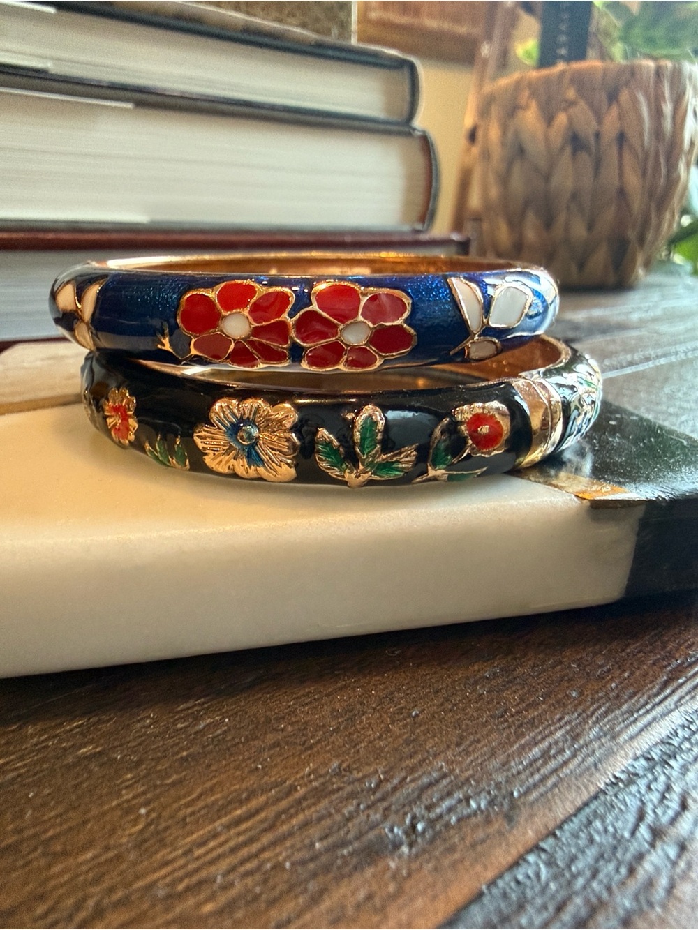 Jiu Long Xing vintage Cloisonné enamel bangles - set of 2